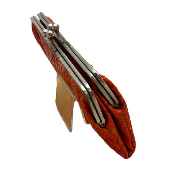 Vintage Kiss Lock Clutch Wallet Faux Leather Crock Embossed Orange - Picture 4 of 8